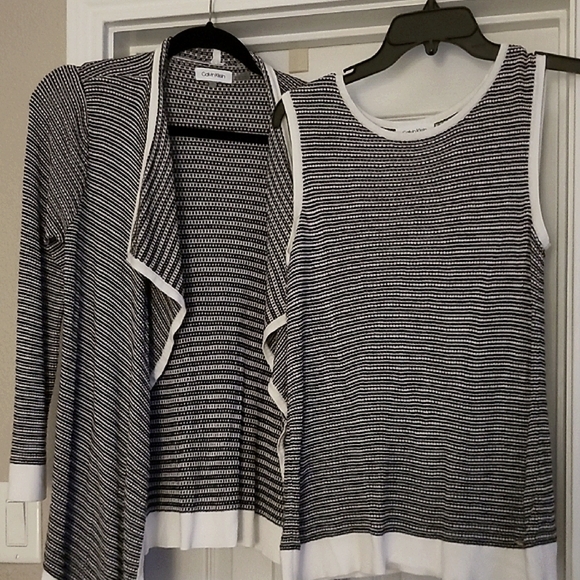 Calvin Klein Black and White Striped Cardigan and Top Set - Picture 1 of 3